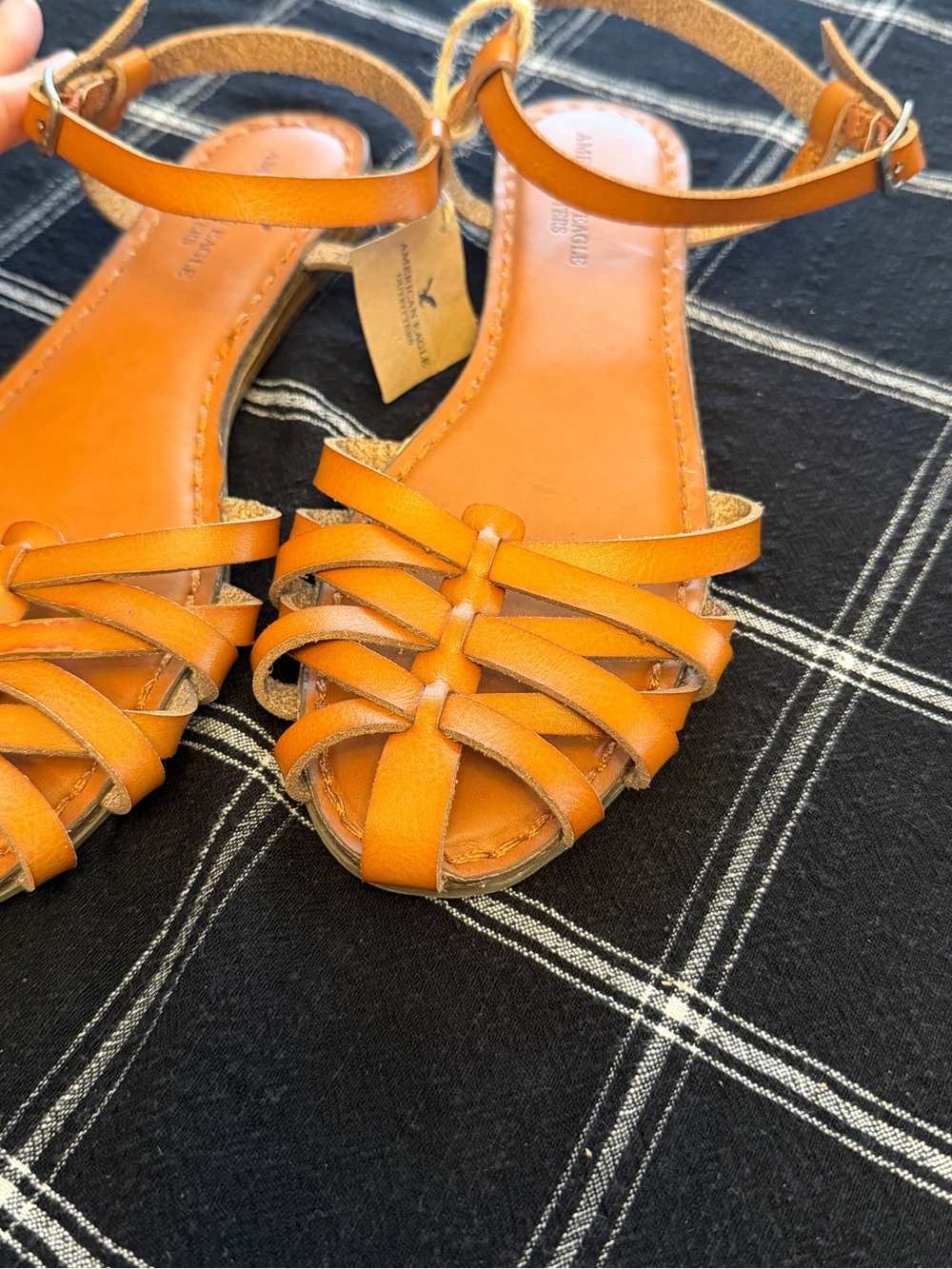 American Eagle Outfitters Strappy Leather Flat Sandals in Cognac Brown